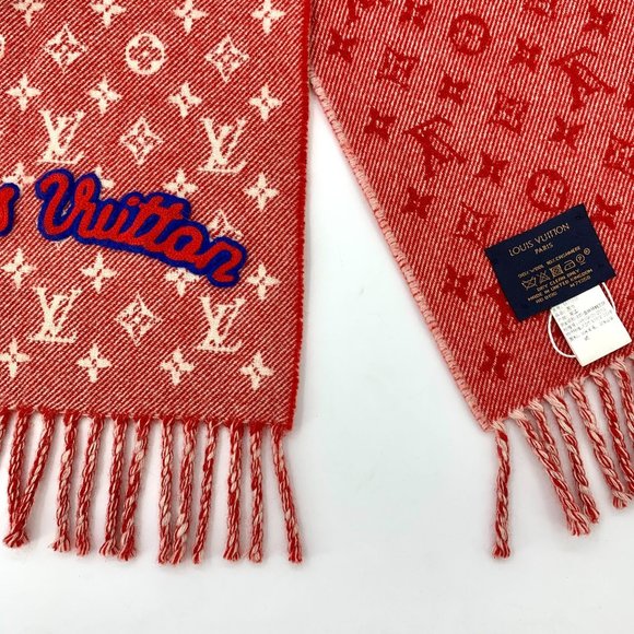 Louis Vuitton Red Monogram Logo Wool & Silk Fringed Scarf Reversible Design - Picture 4 of 9